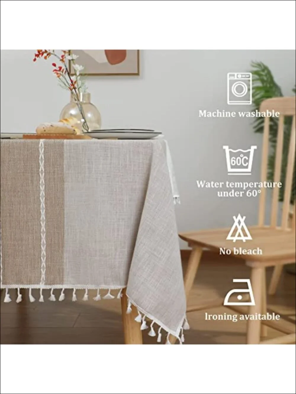 Cotton Linen Tablecloth Rectangular Tassels Waterproof Farmhouse Dining Cover